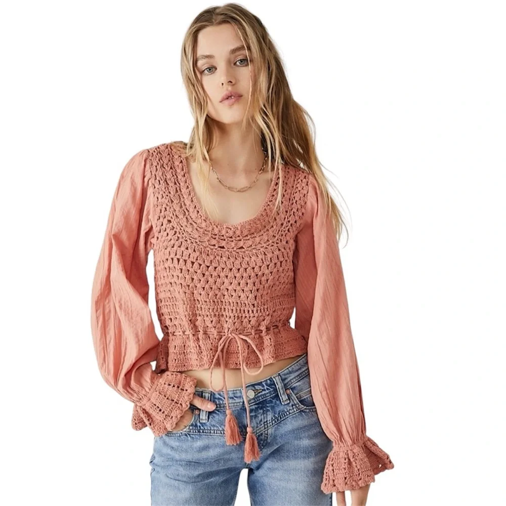 Free People Dusty Rose Crochet Peasant Crop Top